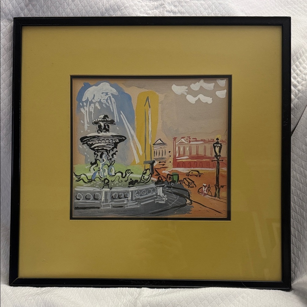 Original Gouache Painting of Paris Place de la Concorde framed, vintage